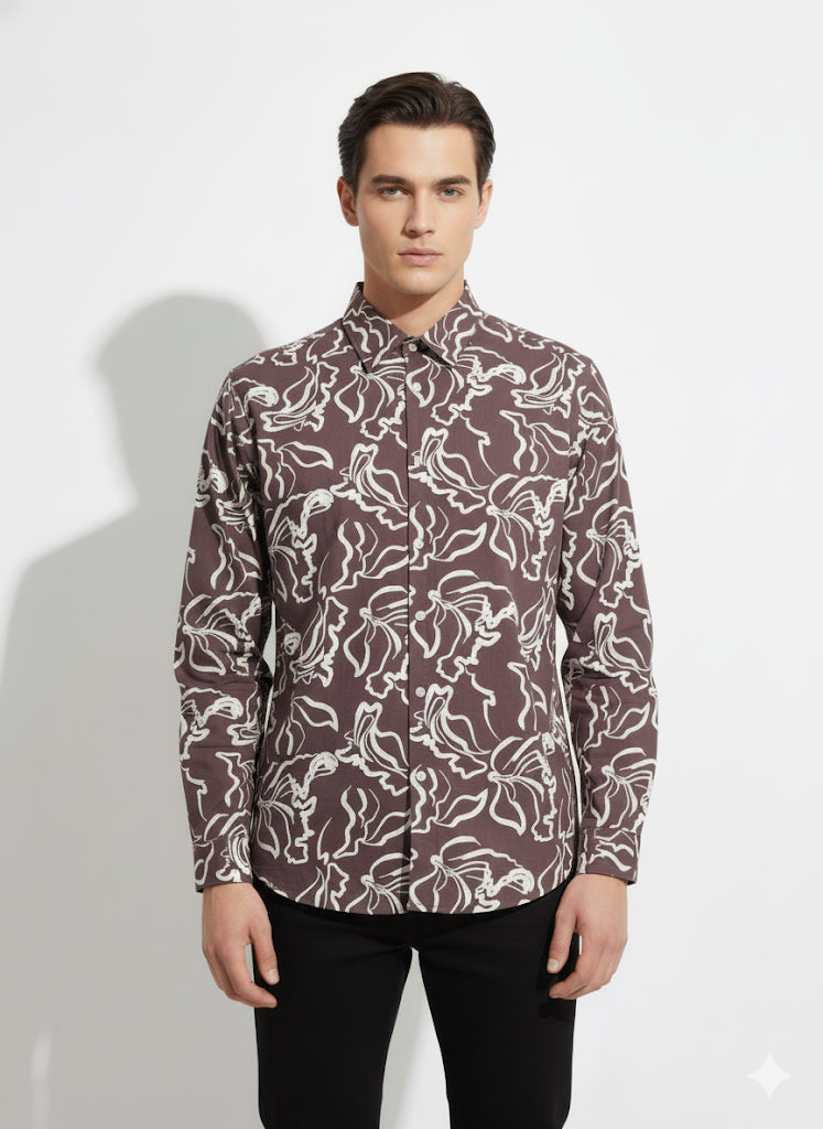 FS44 1094 Men's Brown Floral Print Long Sleeve Button-Down Shirt