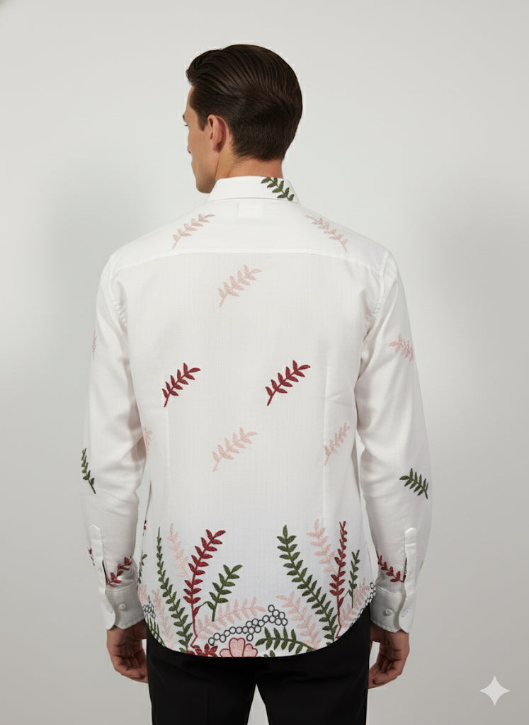 FS44 1096  Men's Embroidered Botanical Print White Cotton Shirt