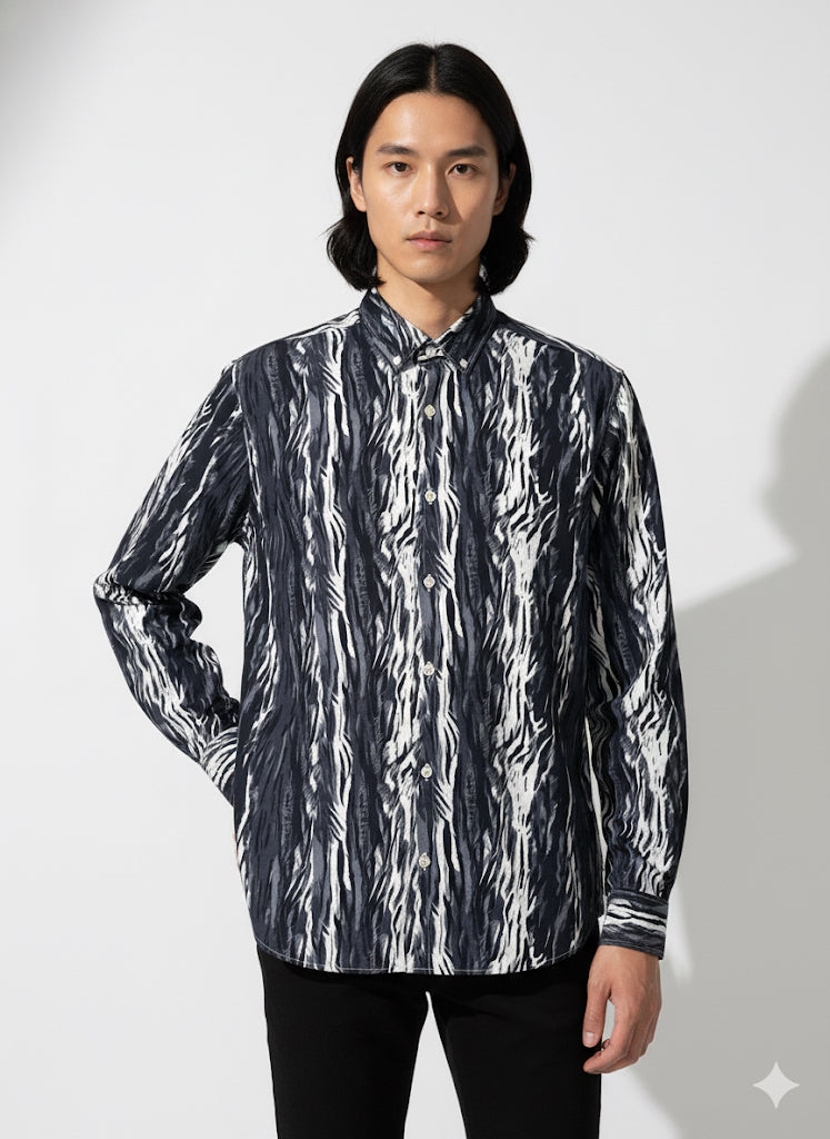 FS44 1097  Men's Abstract Vertical Print Long-Sleeve Button-Down Shirt