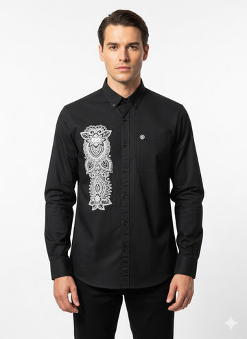 FS44 1098 Statement Black Button-Up Shirt with White Ornate Vertical Print