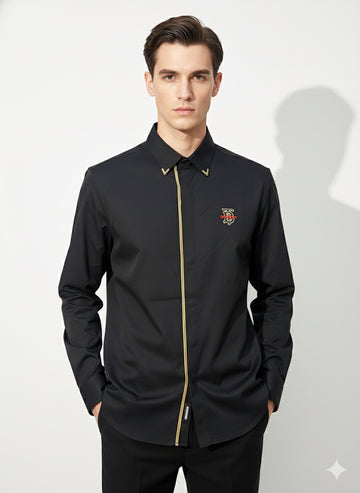FS44 1099  Men's Black Long-Sleeve Dress Shirt with Gold Trim and Crest Detail