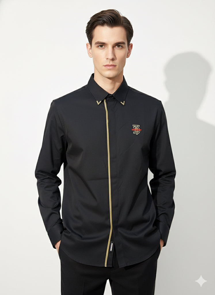 FS44 1099  Men's Black Long-Sleeve Dress Shirt with Gold Trim and Crest Detail