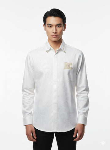 FS44 2000 Luxury Paisley Print White Long-Sleeve Shirt for Men