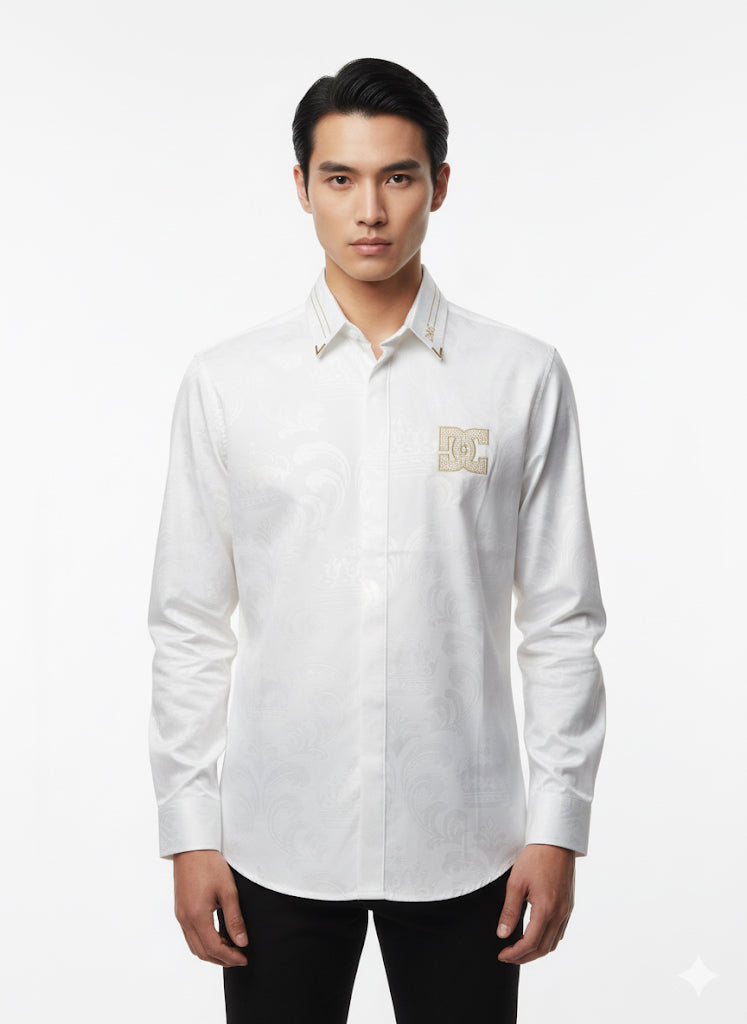FS44 2000 Luxury Paisley Print White Long-Sleeve Shirt for Men