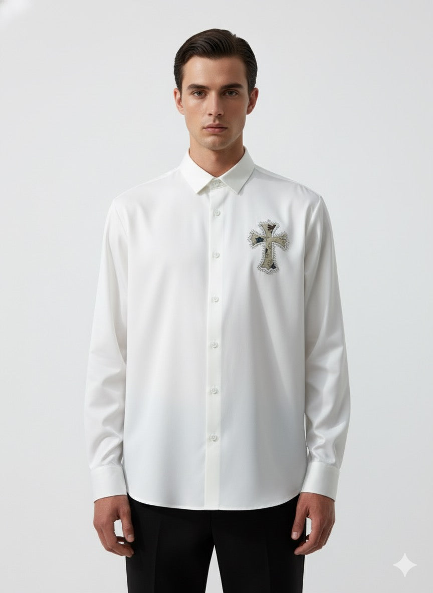 FS44 2002 Men's Long-Sleeve Button-Down Shirt with Embellished Cross Patch