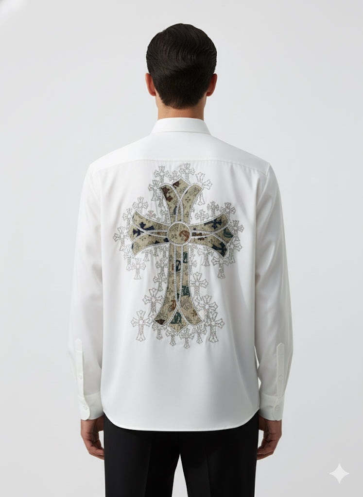 FS44 2002 Men's Long-Sleeve Button-Down Shirt with Embellished Cross Patch