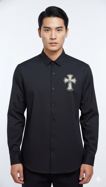 FS44 2002 Men's Long-Sleeve Button-Down Shirt with Embellished Cross Patch