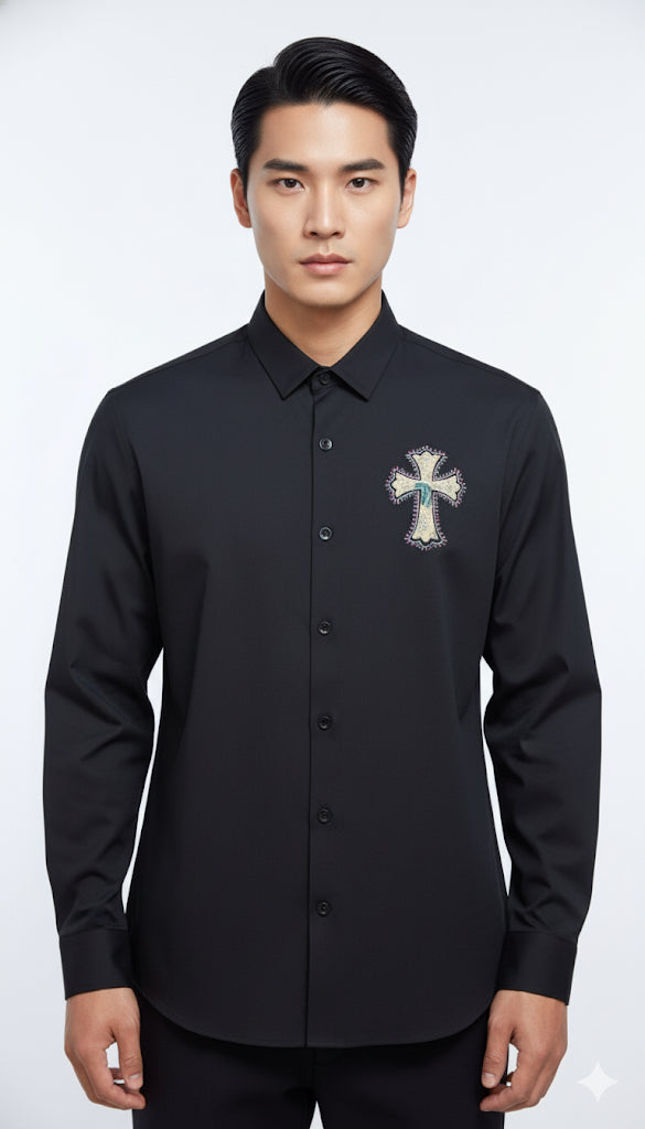 FS44 2002 Men's Long-Sleeve Button-Down Shirt with Embellished Cross Patch