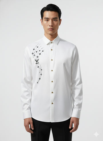 FS44 2004 Men's Louis Vuitton Signature Monogram Wave Embellished White Dress Shirt