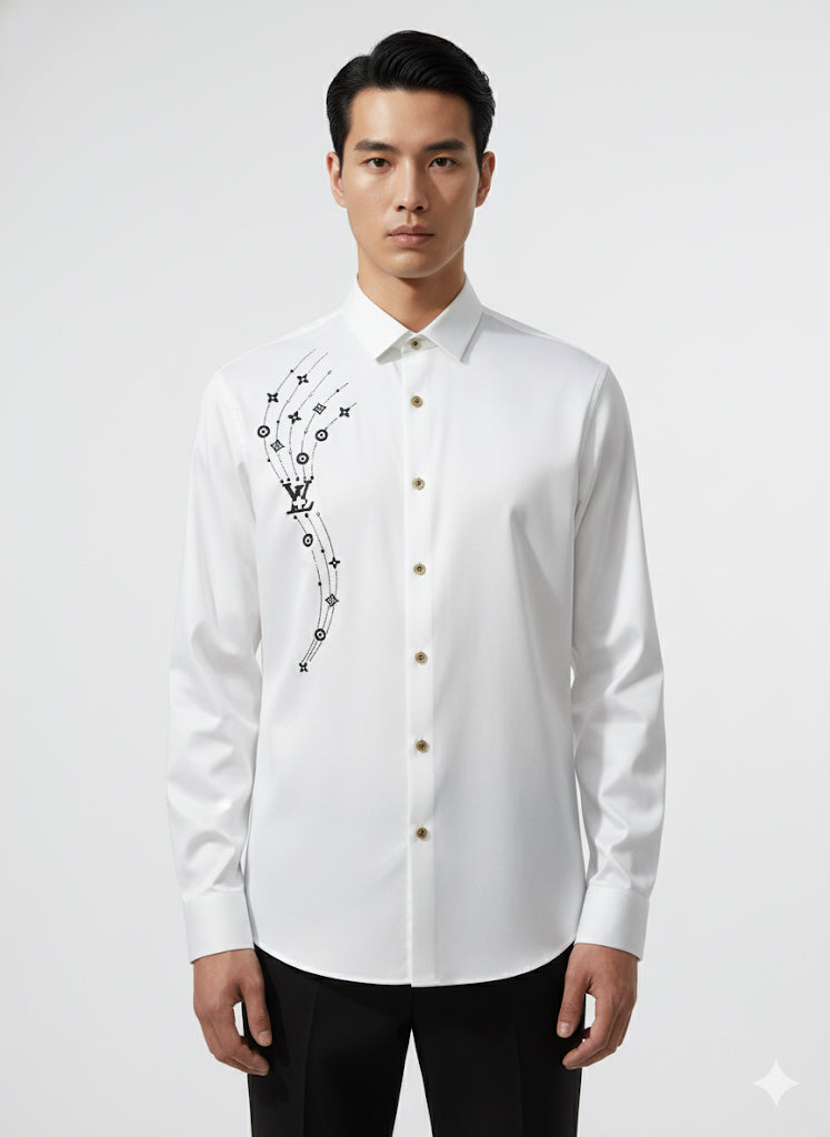 FS44 2004 Men's Louis Vuitton Signature Monogram Wave Embellished White Dress Shirt