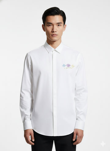 FS44 2005 Men's White Cotton Long-Sleeve Shirt with Colorful Sketch Logo Back Print