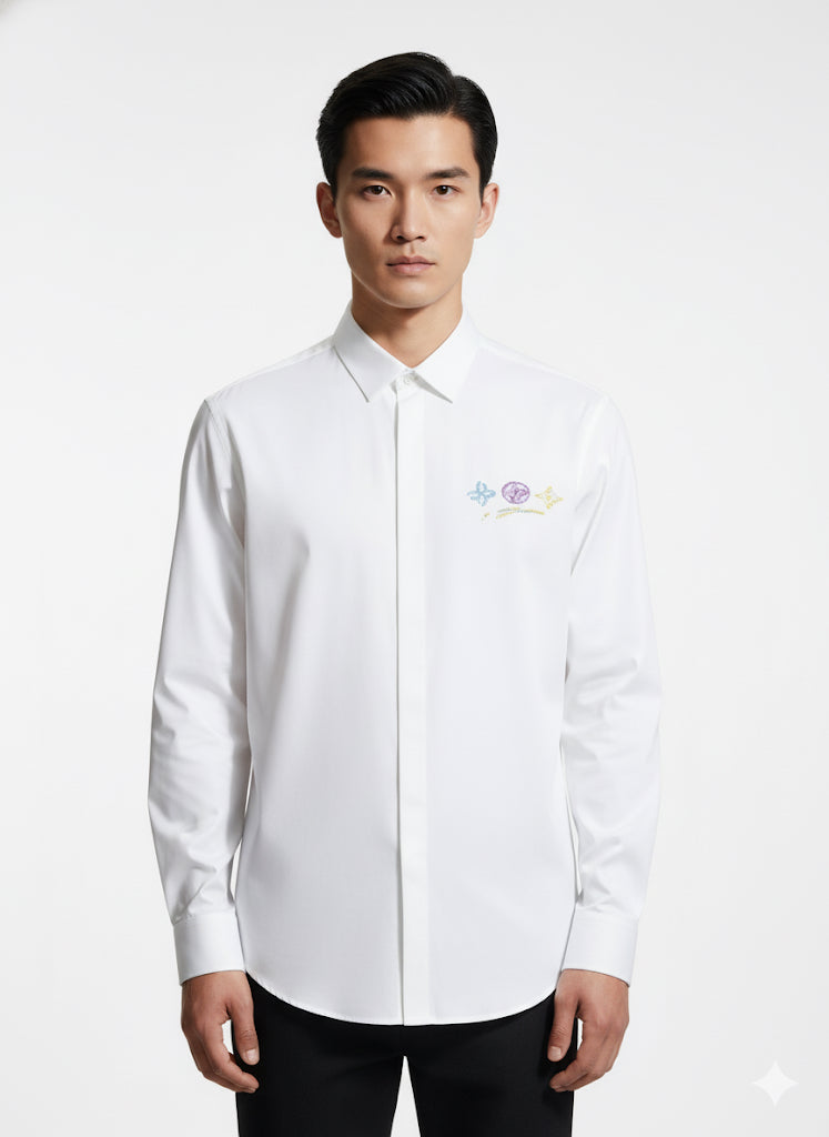 FS44 2005 Men's White Cotton Long-Sleeve Shirt with Colorful Sketch Logo Back Print