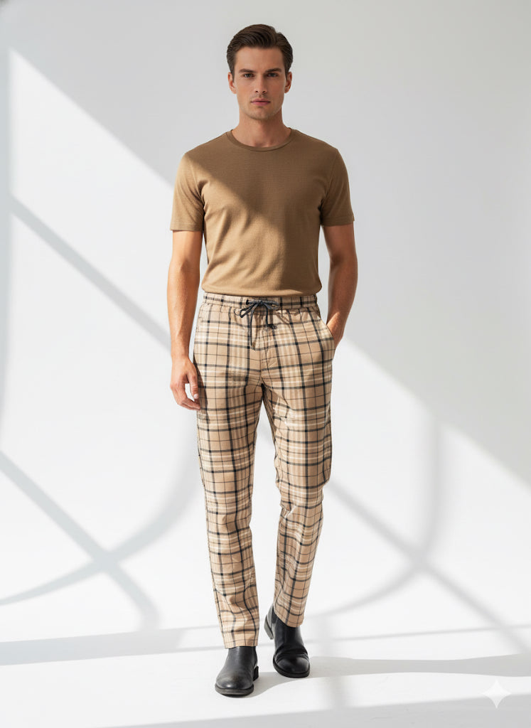 FS44 2024  Men's Slim-Fit Drawstring Plaid Trousers