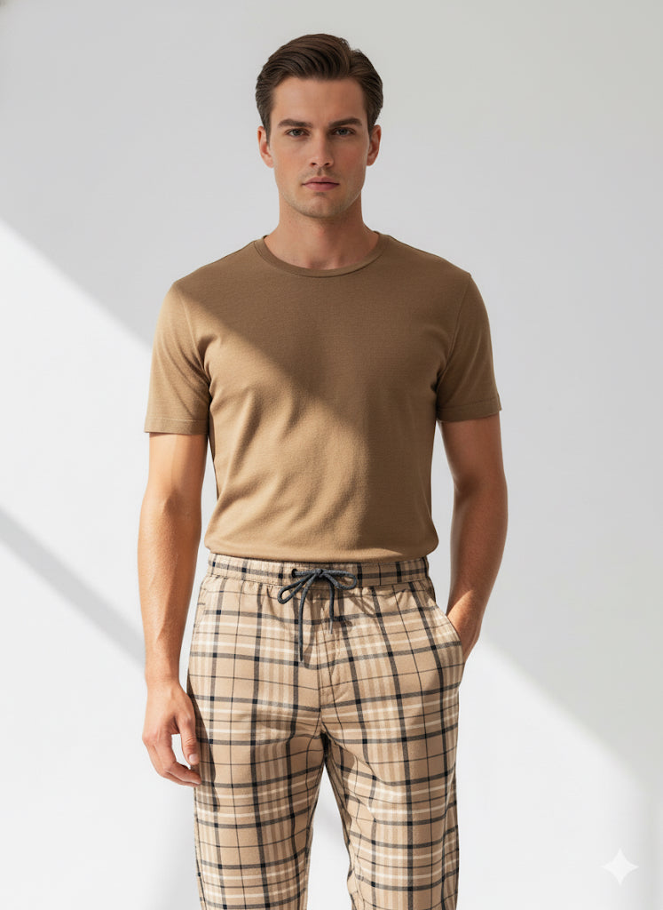 FS44 2024  Men's Slim-Fit Drawstring Plaid Trousers