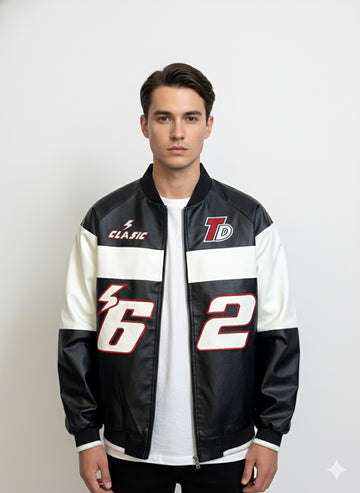 Fs44 2025  Oversized Vintage PU Leather Jacket with '62' Print - Biker/Streetwear