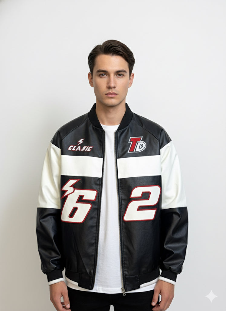 Fs44 2025  Oversized Vintage PU Leather Jacket with '62' Print - Biker/Streetwear