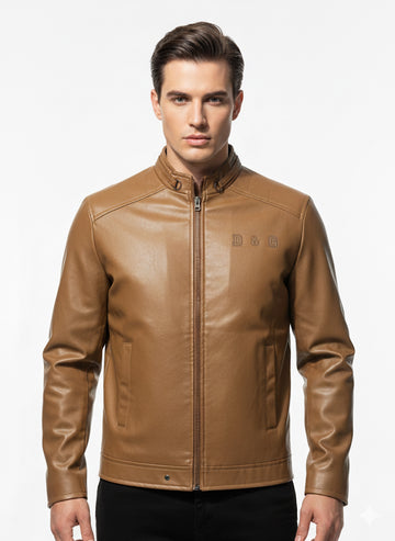 FS44 2028 Stylish Men's Brown Vegan Leather Biker Jacket - Slim Fit Motorcycle Coat