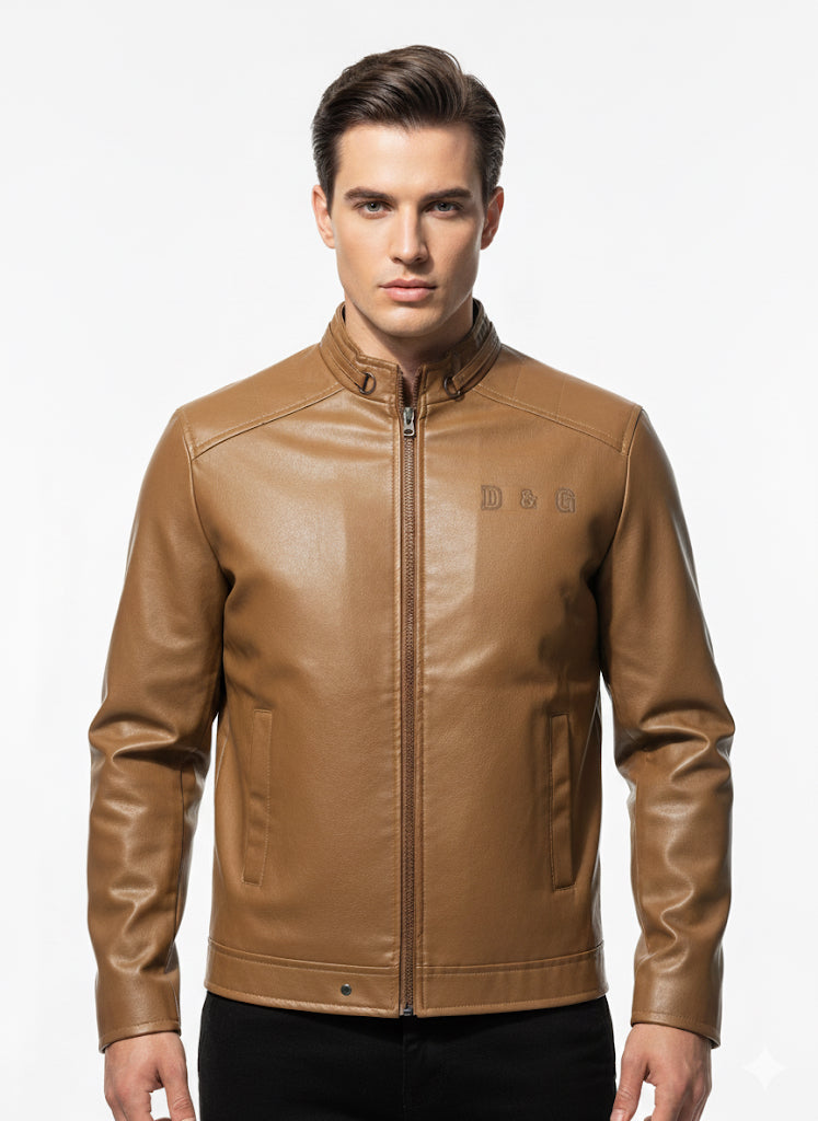 FS44 2028 Stylish Men's Brown Vegan Leather Biker Jacket - Slim Fit Motorcycle Coat