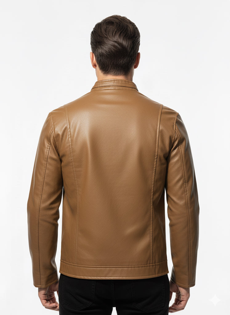 FS44 2028 Stylish Men's Brown Vegan Leather Biker Jacket - Slim Fit Motorcycle Coat