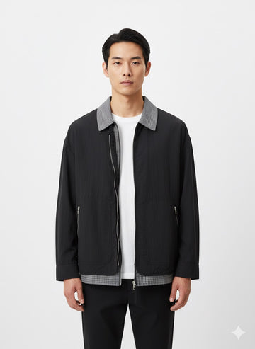FS44 2026  Reversible Bomber Jacket with Patterned Collar - Black/Light Grey
