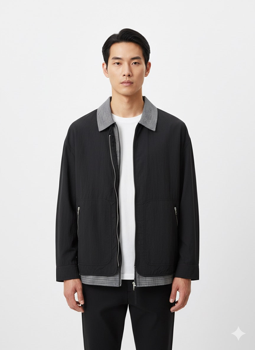 FS44 2026  Reversible Bomber Jacket with Patterned Collar - Black/Light Grey