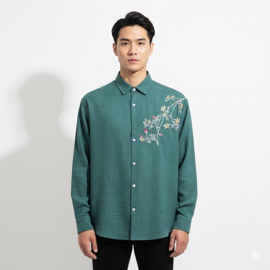 FS44 2032  Men's Textured Long-Sleeve Shirt with Floral Chest Embroidery