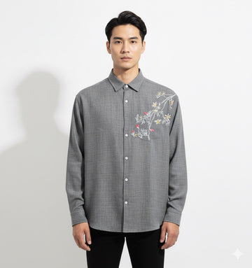 FS44 2032  Men's Textured Long-Sleeve Shirt with Floral Chest Embroidery
