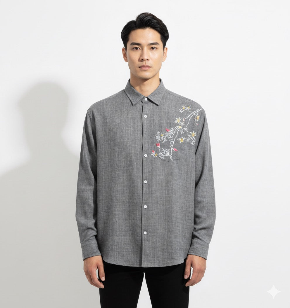 FS44 2032  Men's Textured Long-Sleeve Shirt with Floral Chest Embroidery