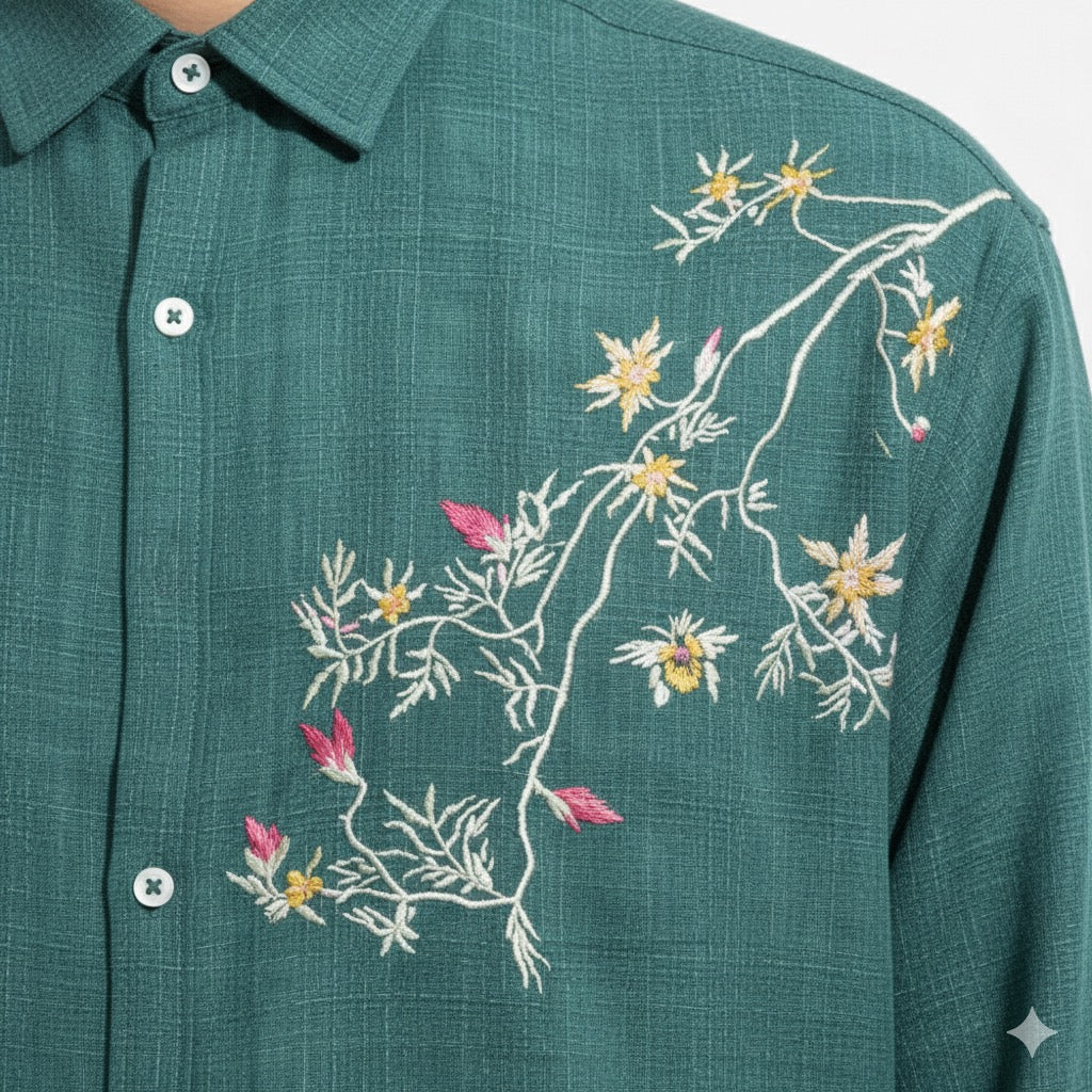 FS44 2032  Men's Textured Long-Sleeve Shirt with Floral Chest Embroidery