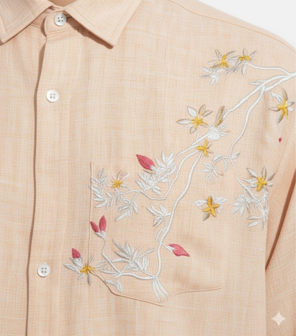FS44 2032  Men's Textured Long-Sleeve Shirt with Floral Chest Embroidery