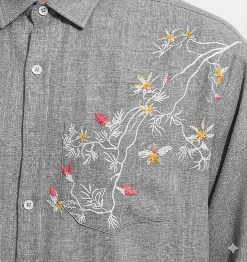 FS44 2032  Men's Textured Long-Sleeve Shirt with Floral Chest Embroidery
