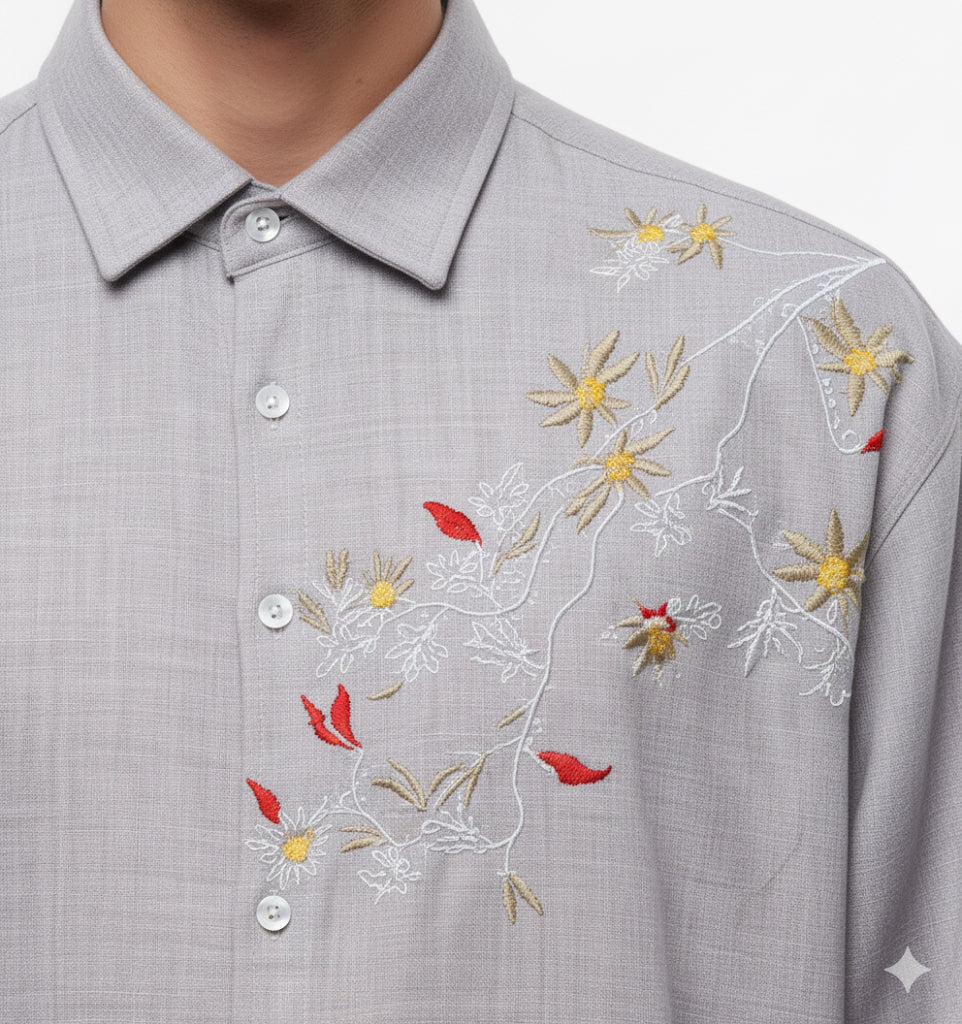 FS44 2032  Men's Textured Long-Sleeve Shirt with Floral Chest Embroidery