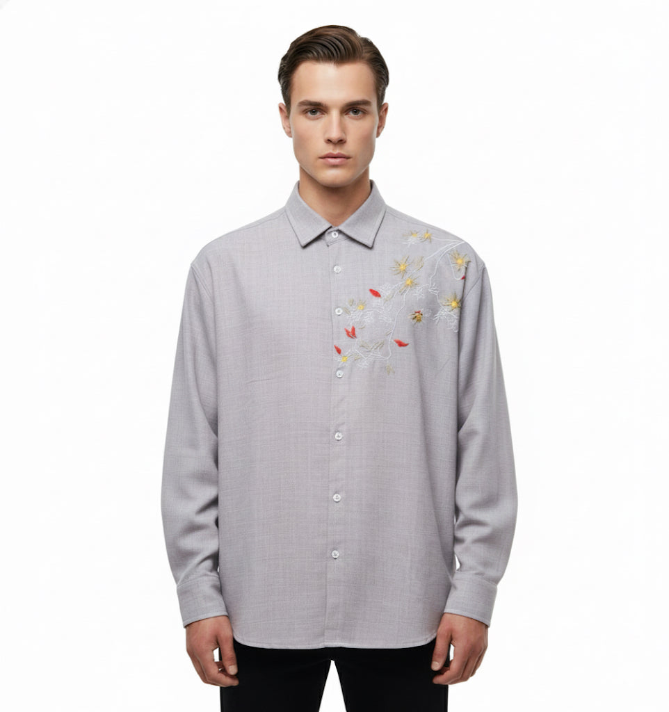 FS44 2032  Men's Textured Long-Sleeve Shirt with Floral Chest Embroidery