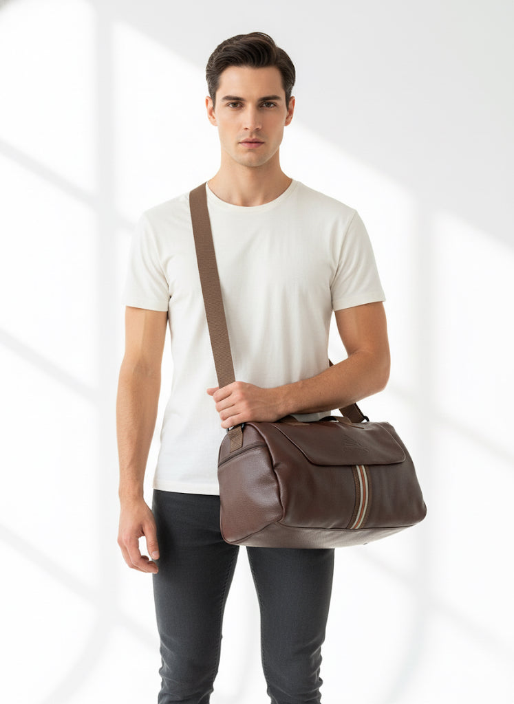 FS44 2057 Men's Brown Faux Leather Duffel Bag with Stripe Detail