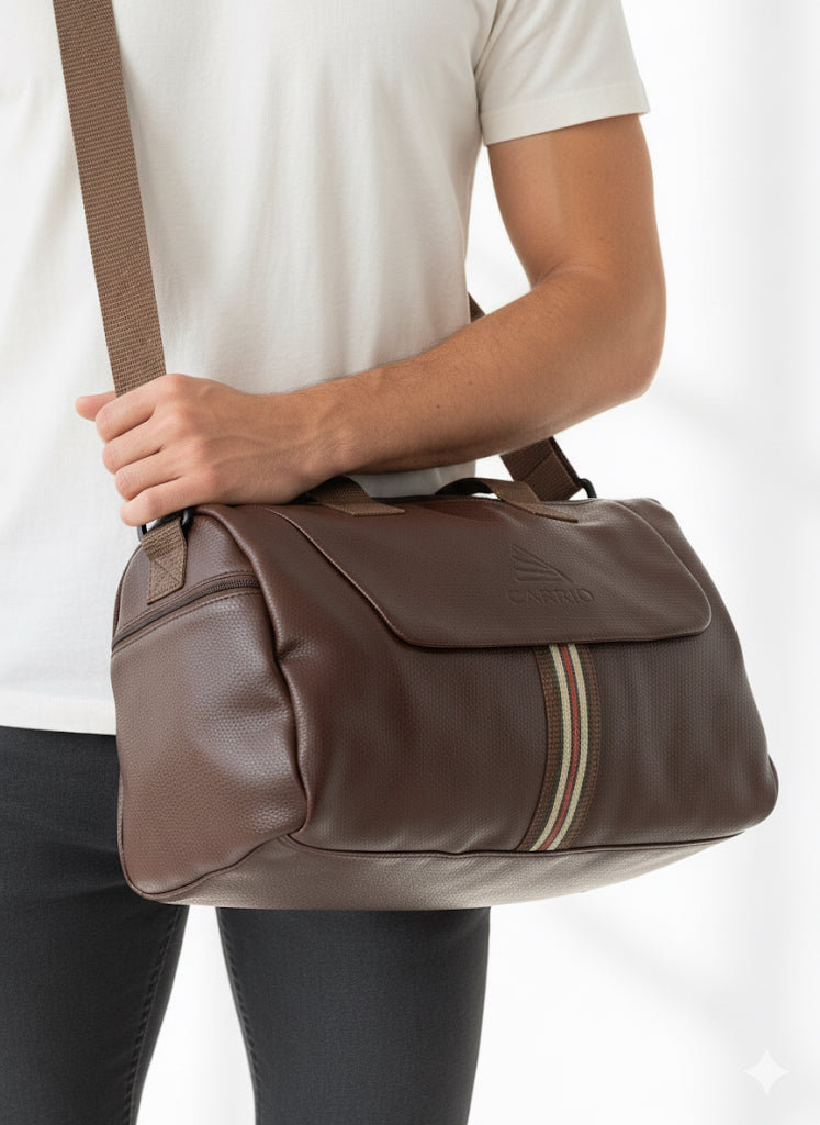 FS44 2057 Men's Brown Faux Leather Duffel Bag with Stripe Detail