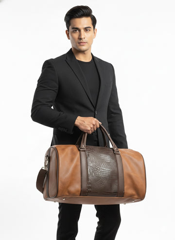 FS44 2058  Luxury Two-Tone Faux Leather Duffle Bag with Croc-Embossed Panel