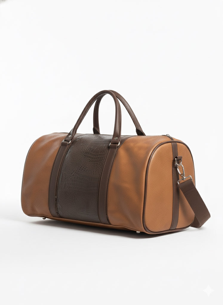 FS44 2058  Luxury Two-Tone Faux Leather Duffle Bag with Croc-Embossed Panel