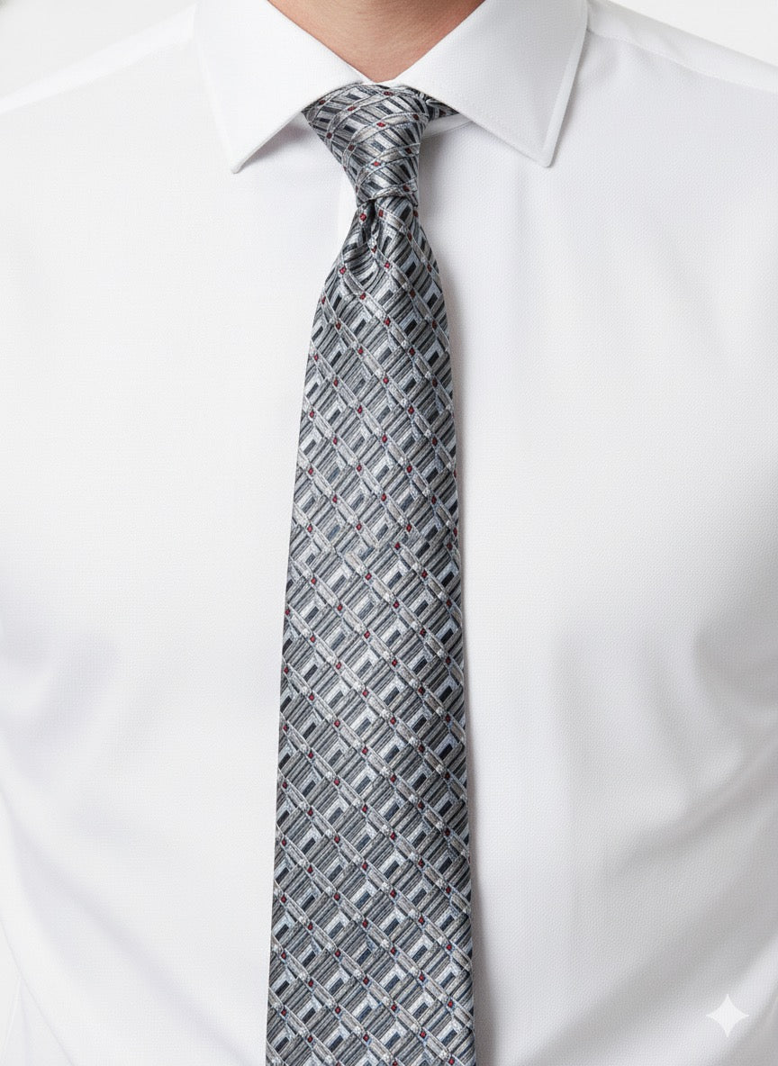 Fs44 1075  Men's Grey Geometric Grid Silk Tie