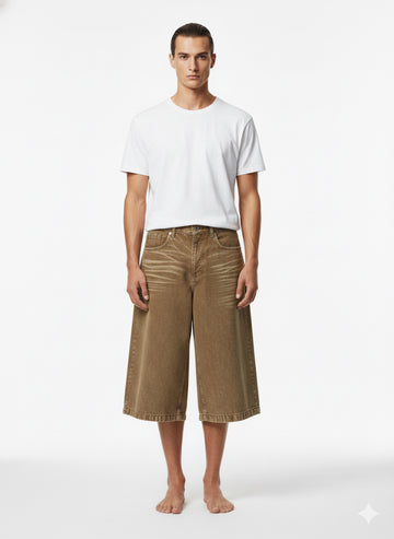 Fs44 1088 Men's Wide-Leg Denim Culotte Shorts in Faded Brown