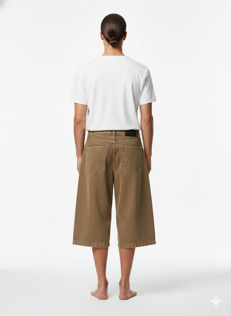 Fs44 1088 Men's Wide-Leg Denim Culotte Shorts in Faded Brown