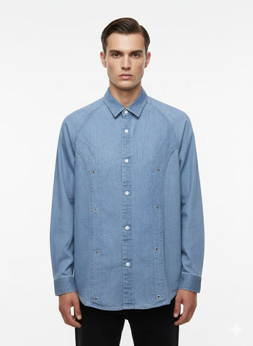 Fs44 1093 Light Blue Denim Western Shirt with Raglan Sleeves and Metal Eyelet Accents
