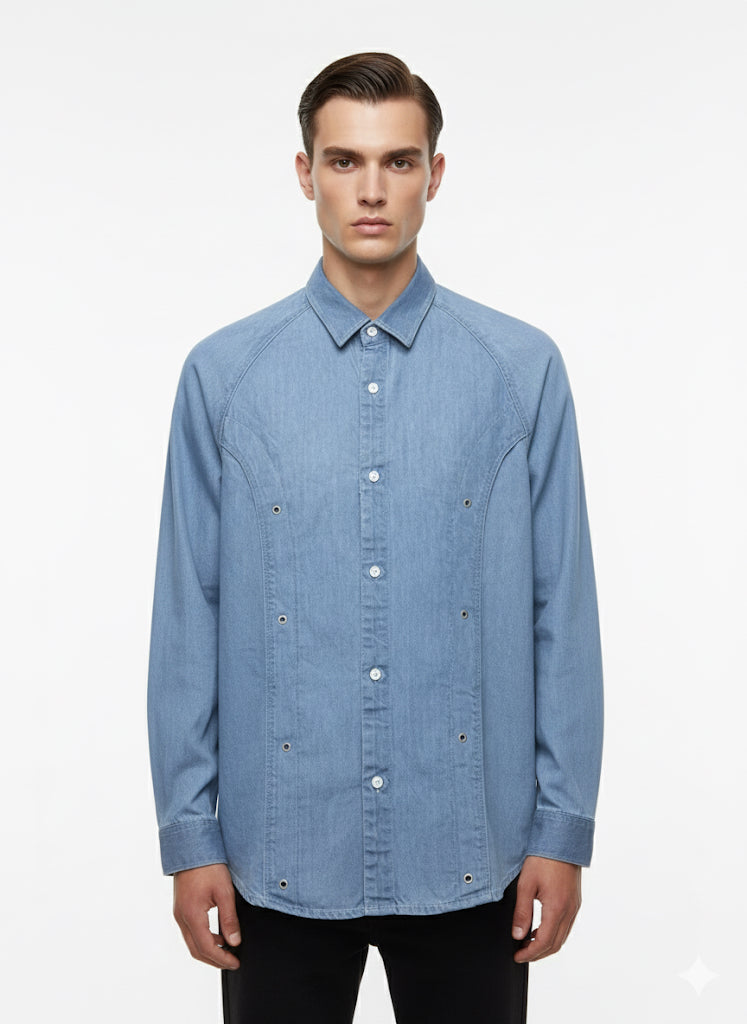 Fs44 1093 Light Blue Denim Western Shirt with Raglan Sleeves and Metal Eyelet Accents