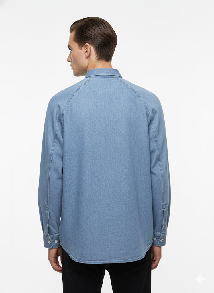 Fs44 1093 Light Blue Denim Western Shirt with Raglan Sleeves and Metal Eyelet Accents