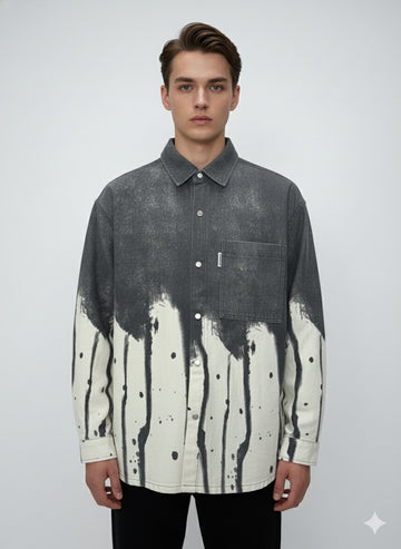 Fs44 1096 Men's Grey Ombre Dip-Dye Denim Shirt Jacket with Paint Splatter Print