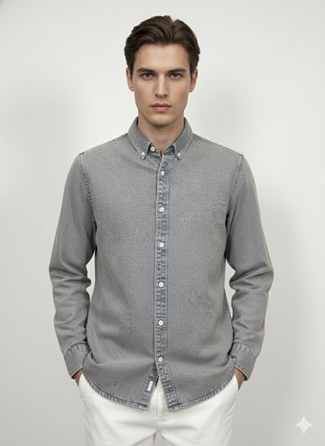 Fs44 1097 Men's Grey Wash Denim Button-Down Shirt