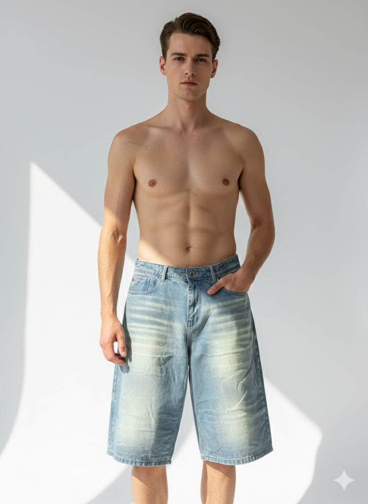 Fs44 1114 Men's Loose Fit Wide-Leg Denim Culotte Shorts - Vintage Wash Jean Jorts