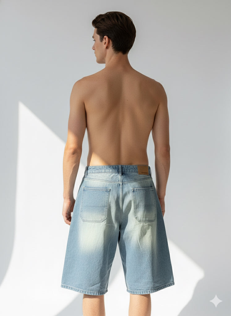 Fs44 1114 Men's Loose Fit Wide-Leg Denim Culotte Shorts - Vintage Wash Jean Jorts