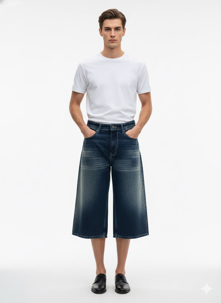 Fs44 1114 Men's Loose Fit Wide-Leg Denim Culotte Shorts - Vintage Wash Jean Jorts