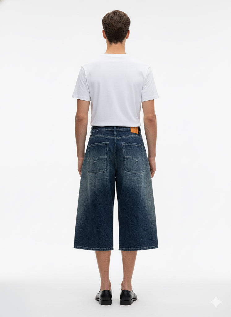 Fs44 1114 Men's Loose Fit Wide-Leg Denim Culotte Shorts - Vintage Wash Jean Jorts