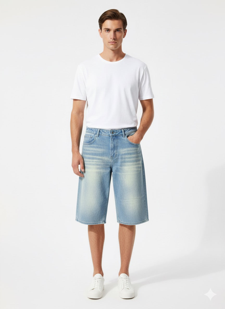 Fs44 1114 Men's Loose Fit Wide-Leg Denim Culotte Shorts - Vintage Wash Jean Jorts